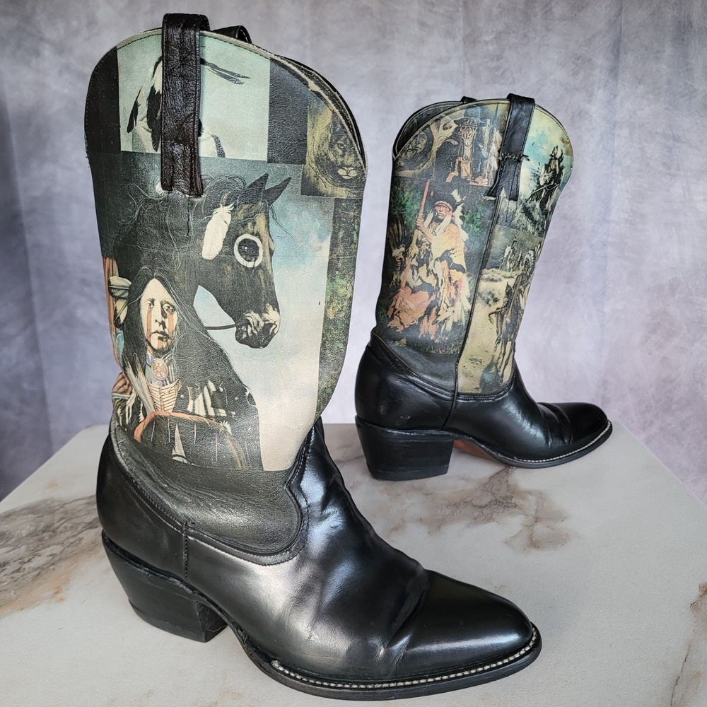 Native American Western Horse Art Cowboy Boots Men's Size 7 Black